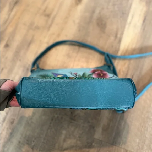 Anuschka Peacock Hand-Painted Blue Floral Crossbody Bag - Picture 12 of 15